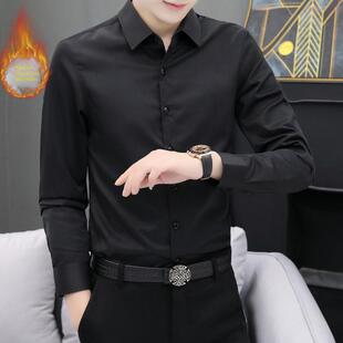潮牌男士长袖黑色衬衫秋冬季加绒加厚保暖休闲商务修身高级感衬衣