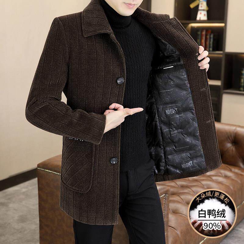 冬季毛呢中长款大衣男欧货加厚修身金貂绒条纹风衣帅气羽绒服外套