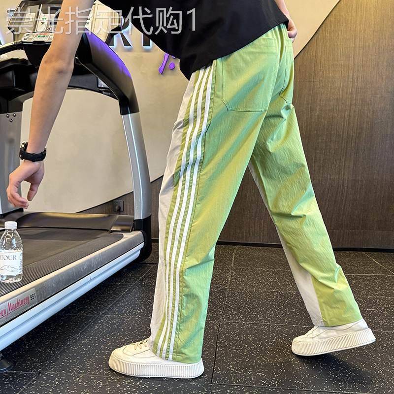 条纹拼接撞色休闲裤男2026新款夏季美式潮牌宽松痞帅系绳直筒裤子