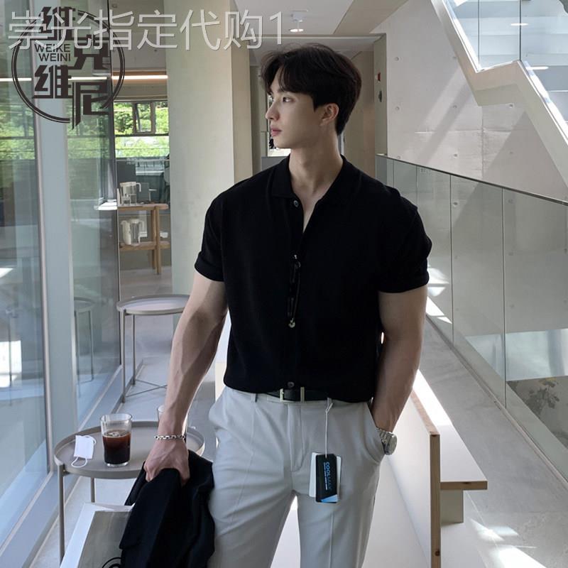 黑色短袖针织衬衫男士2026夏季新款韩版潮流休闲修身薄款翻领衬衣