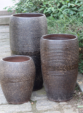 复古粗陶陶罐落地大花瓶样板房摆件绿色复古流水客厅陶瓷景观卧室