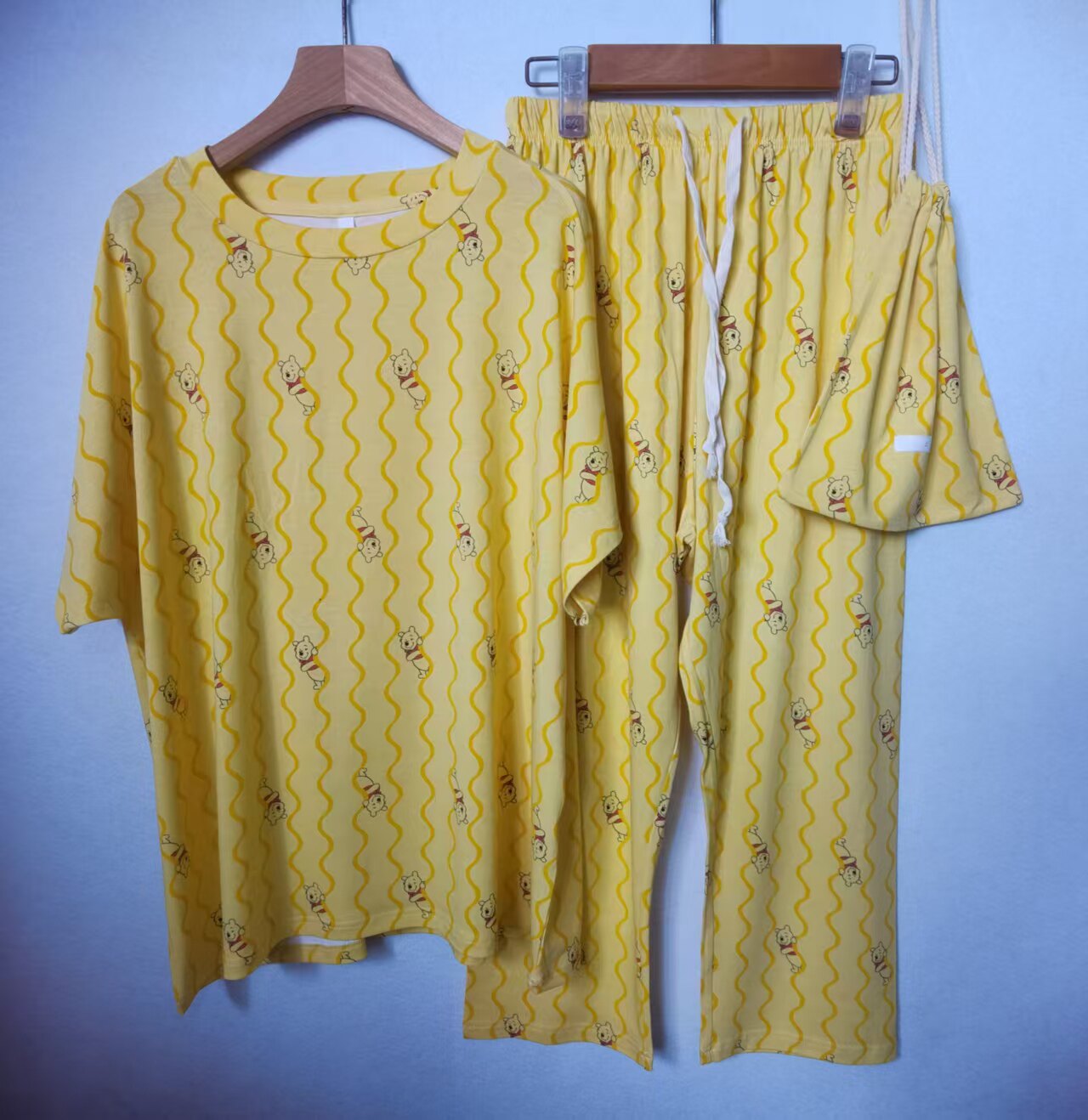 日韩系女夏季纯棉布袋睡衣卡通休闲宽松大码家居服短袖长裤套装
