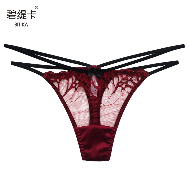碧缇卡桑蚕丝低腰性感丁字裤女法式蕾丝细带小裤头蝴蝶结透明内裤