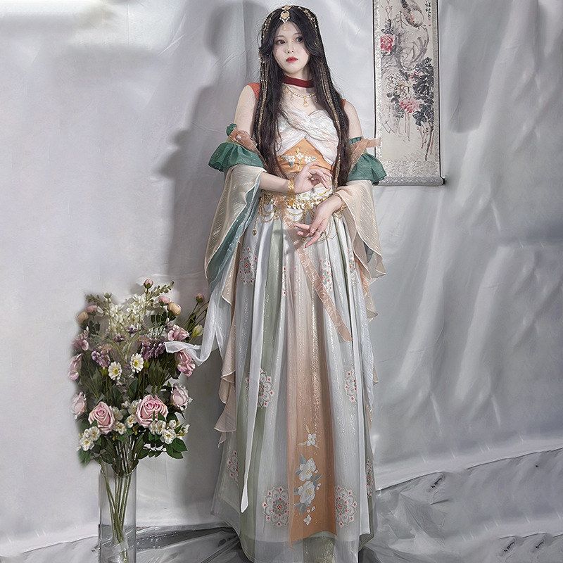 楼兰公主异域风敦煌飞天红色绿改良汉服女西域风情汉元素套装
