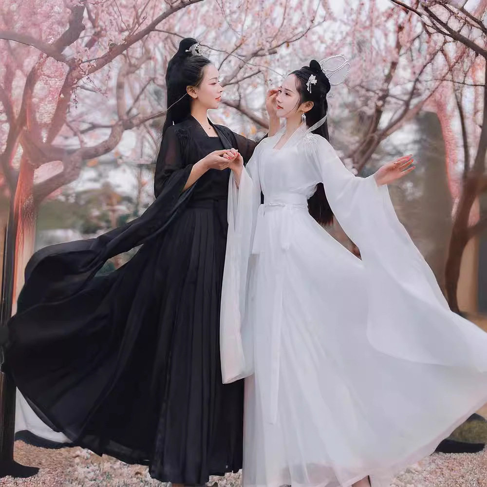 琴瑟和鸣汉服黑色白色交领齐腰大袖衫汉服广袖裙夏季仙气汉服