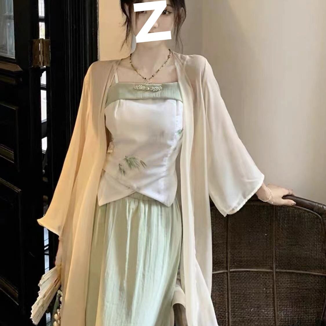 女装国风改良汉服汉元素小个子绿色吊带连衣裙三件套女夏季包邮