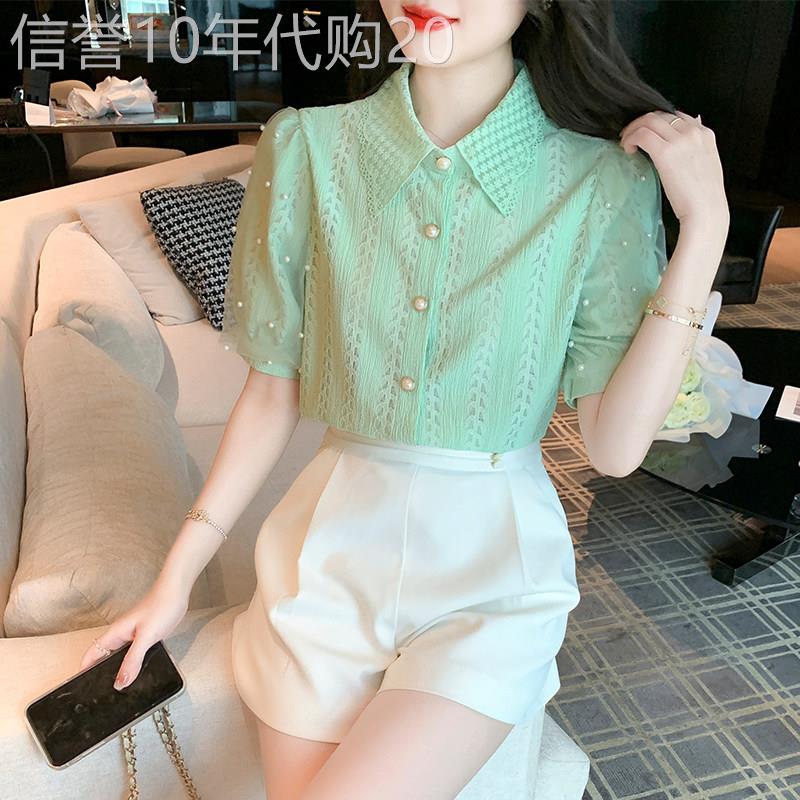 蕾丝短袖衬衫女夏季薄款2025新款韩版气质网纱钉珠polo领衬衣上衣