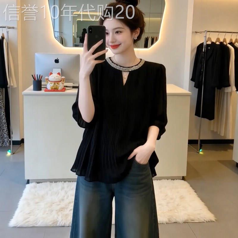 黑色雪纺衬衫女短袖夏季薄款2026新款大尺码高级感减龄洋派衬衫上
