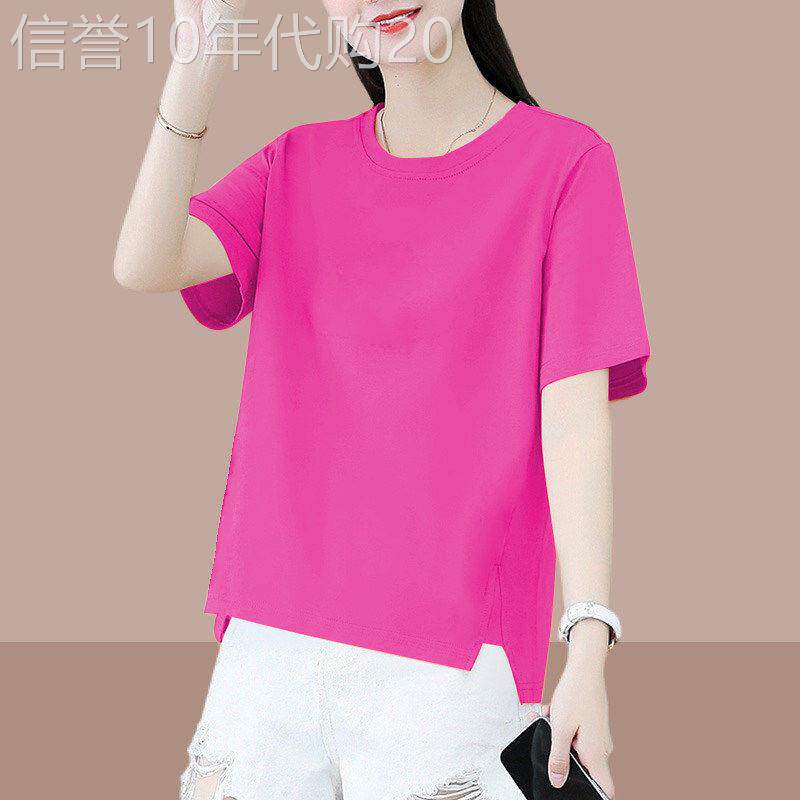 玫红色显瘦短袖t恤女2026夏季时尚宽松显瘦妈妈圆领纯色百搭T恤衫