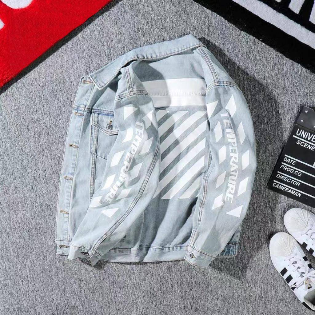 香港潮牌陈伟霆明星同款牛仔外套男复古白水洗斑马线印花牛仔夹克