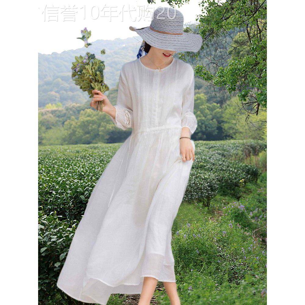 白色苎麻女士连衣裙,夏日高端显腰,海边度假优雅的仙女沙滩长裙