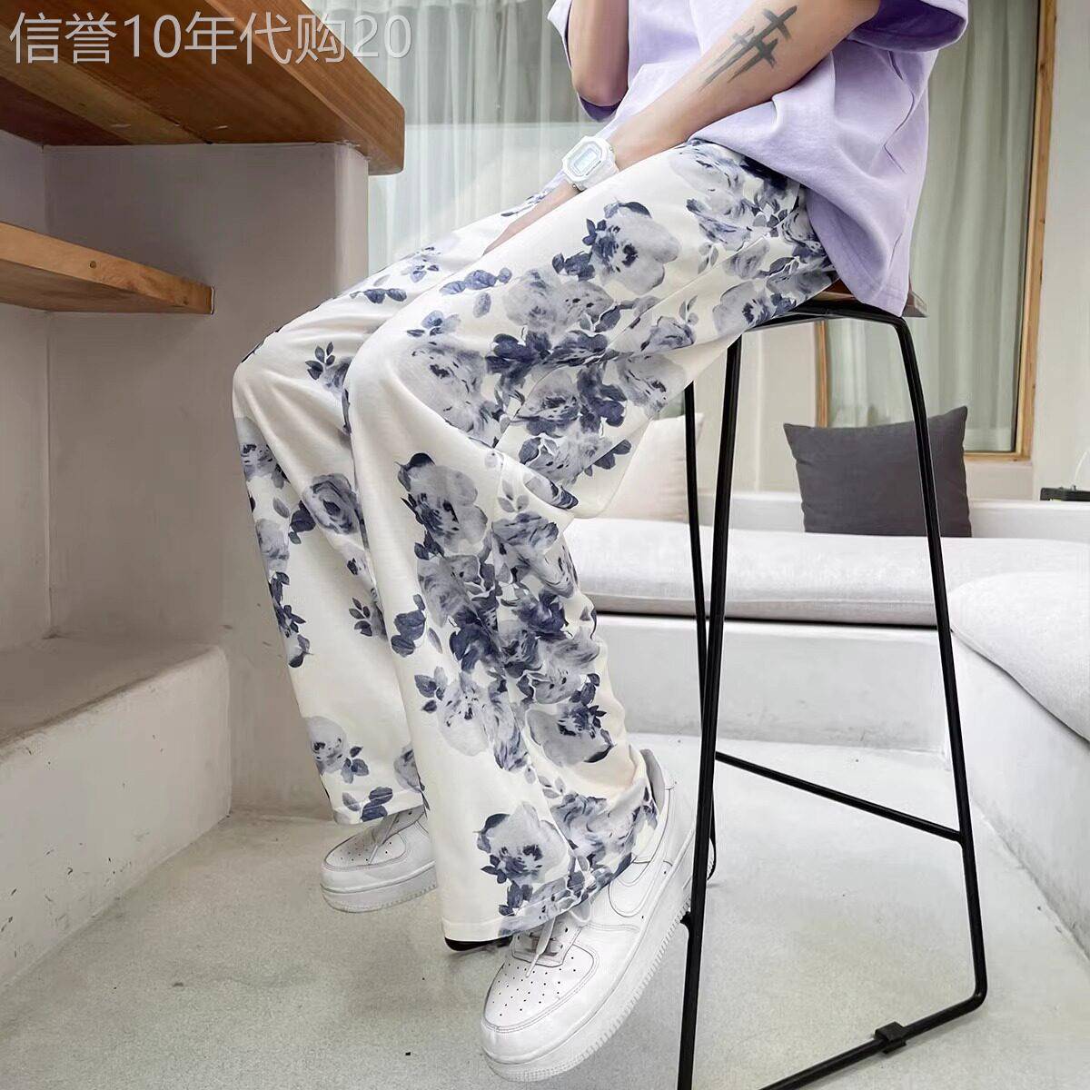 潮牌韩版潮流渲染休闲裤男士新款时尚碎花冰丝直筒长裤宽松阔腿裤