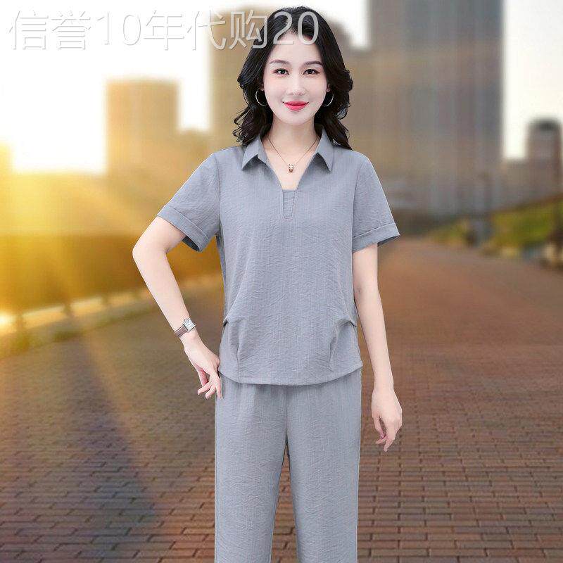 中年妈妈休闲运动套装女2026年夏季新款短袖薄款九分裤时尚两件套