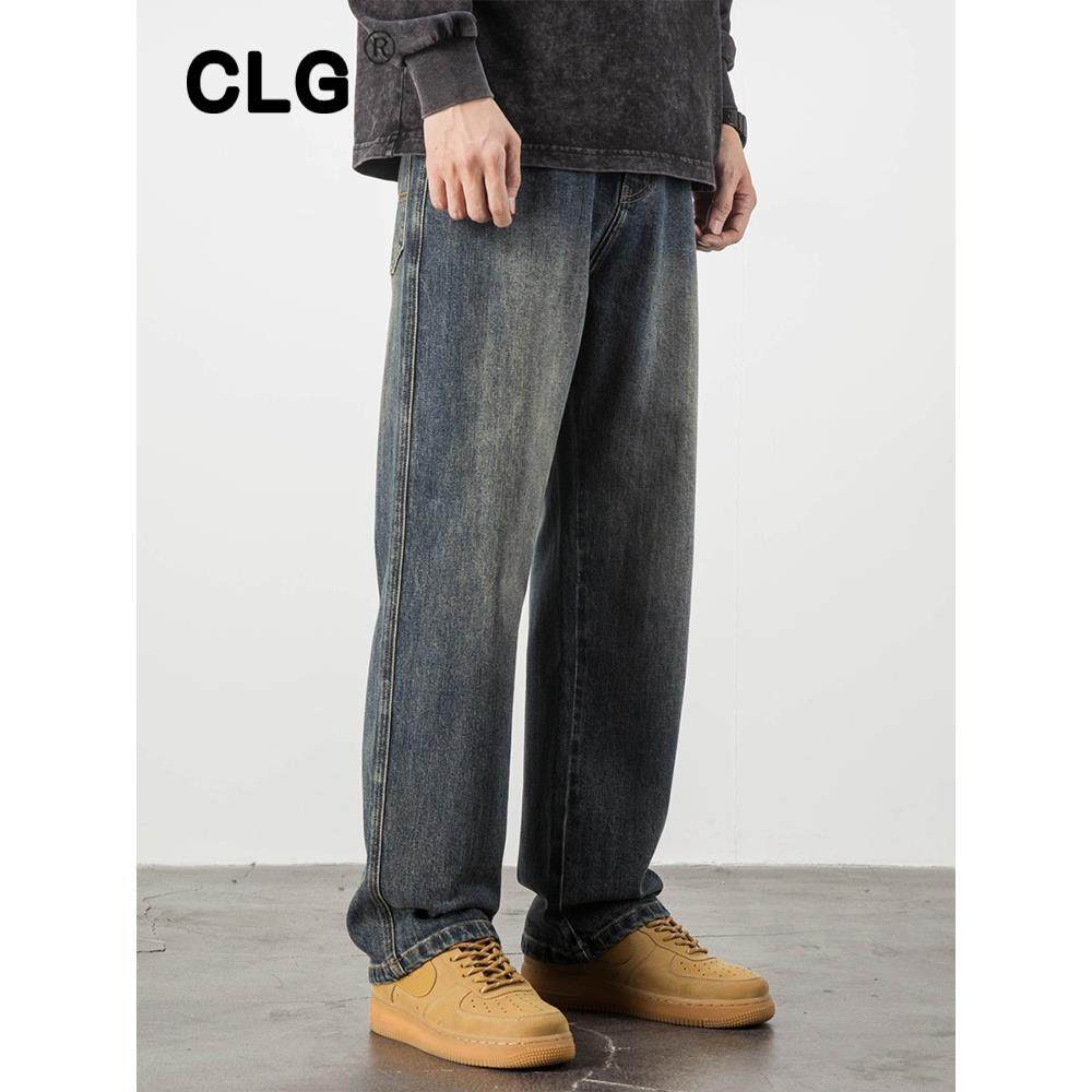 香港潮牌深蓝色牛仔裤男宽松直筒阔腿弹力休闲美式复古秋冬款裤子