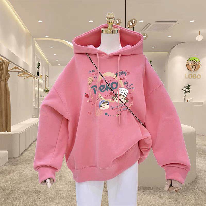 专柜粉色中长款连帽卫衣女外套2025秋冬新款时尚宽松加绒加厚上衣