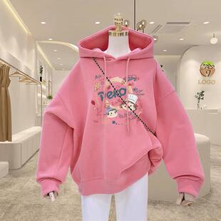 专柜粉色中长款连帽卫衣女外套2025秋冬新款时尚宽松加绒加厚上衣