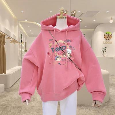 专柜粉色中长款连帽卫衣女外套2025秋冬新款时尚宽松加绒加厚上衣