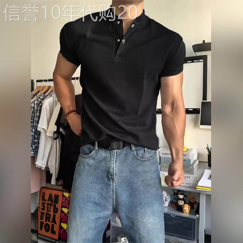高端黑色亨利领POLO衫男2026夏季美式运动健身正肩t恤显肌肉短袖