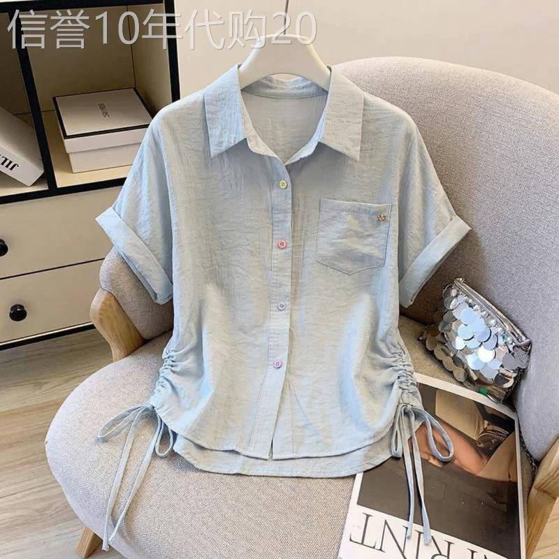 浅蓝色正肩减龄彩色扣短袖衬衫女夏季2026新款胖mm不规则抽绳上衣