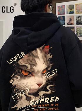 香港CLG潮牌黑色连帽卫衣秋冬酷酷猫咪印花时尚美式加厚潮流外套