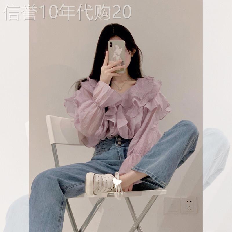 法式复古紫色雪纺泡泡袖衬衫女2026春季新款小个子长袖荷叶边上衣