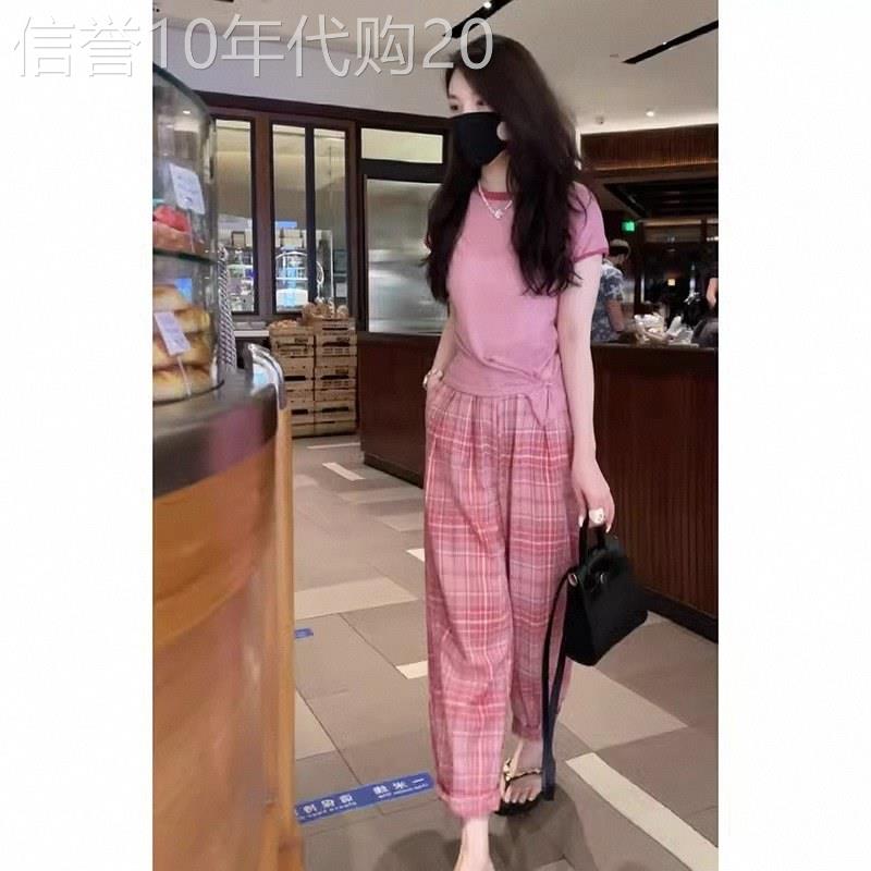 粉色棉麻套装女夏季欧货短袖T恤格子阔腿裤小香风亚麻两件套