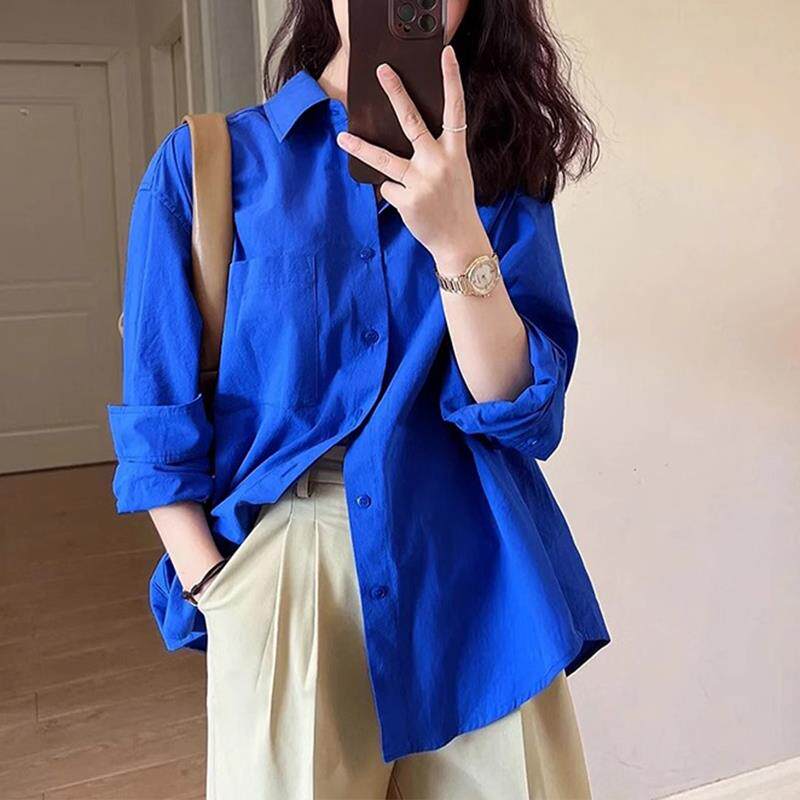 欧洲站克莱因蓝色衬衫女高级感轻奢春秋减龄洋派2025新款长袖上衣