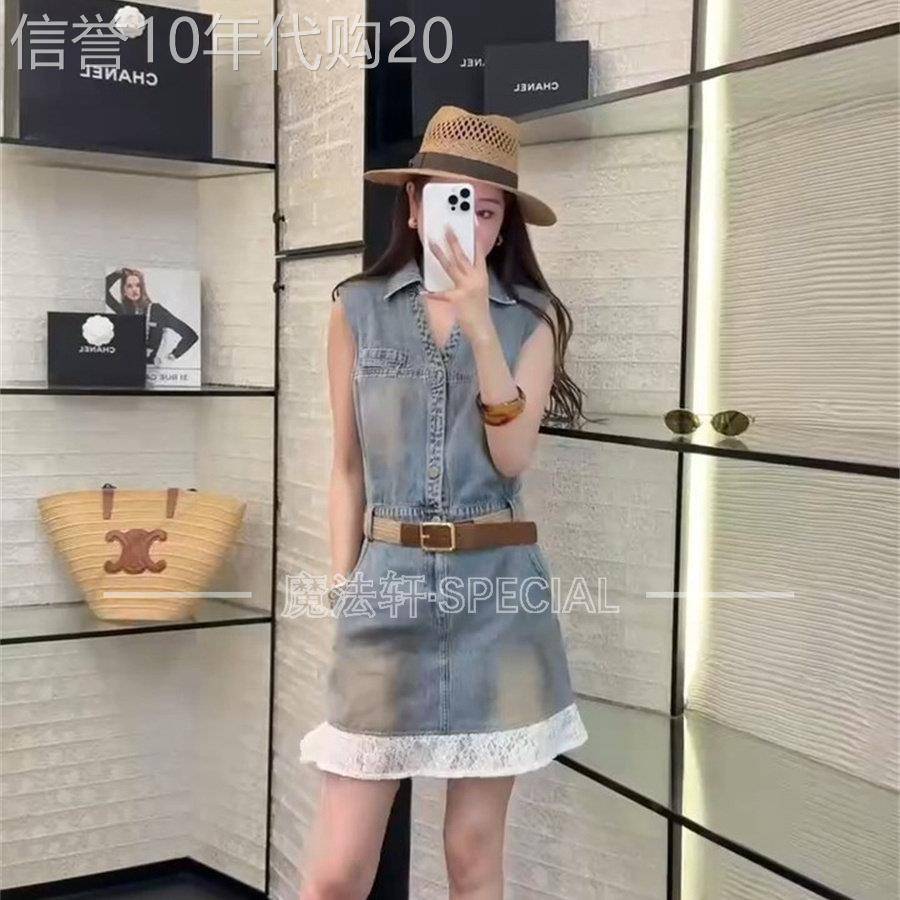 拼蕾丝牛仔洋装女2026春季新款翻领无袖短裙腰带收腰显瘦裙子Q