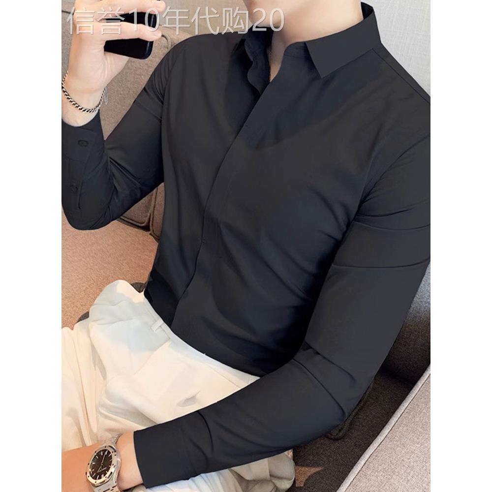 MK高级感衬衫男长袖暗门襟免烫抗皱无痕修身潮流纯黑色男士衬衣