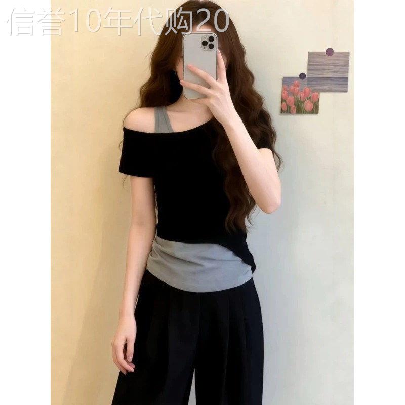 韩系假两件黑色斜肩短袖T恤女2026新款夏季大尺码撞色修身露肩上