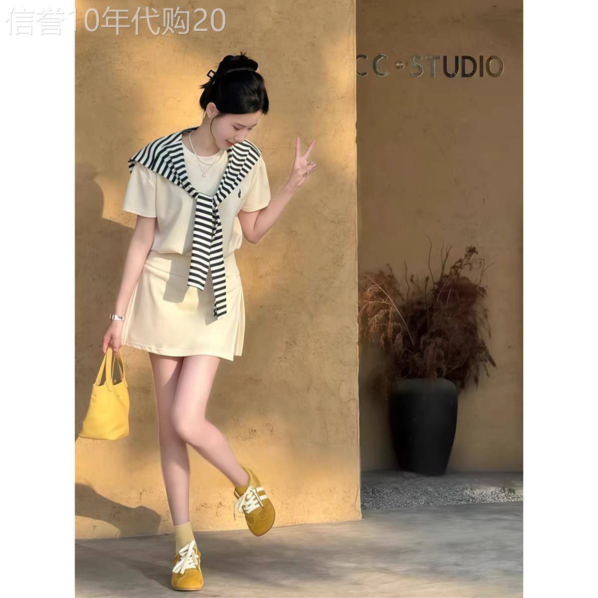 盐系运动套装女夏季韩系时尚减龄显瘦短袖短裤裙半身裙休闲三件式