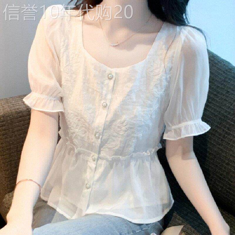 雪纺短袖衬衫女夏季欧货漂亮小衫收腰遮肚泡泡袖上衣方领锁骨上衣