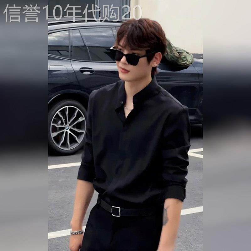 英伦雅痞风黑色衬衫男士长袖2026新款春秋季高级感立领衬衣服男款