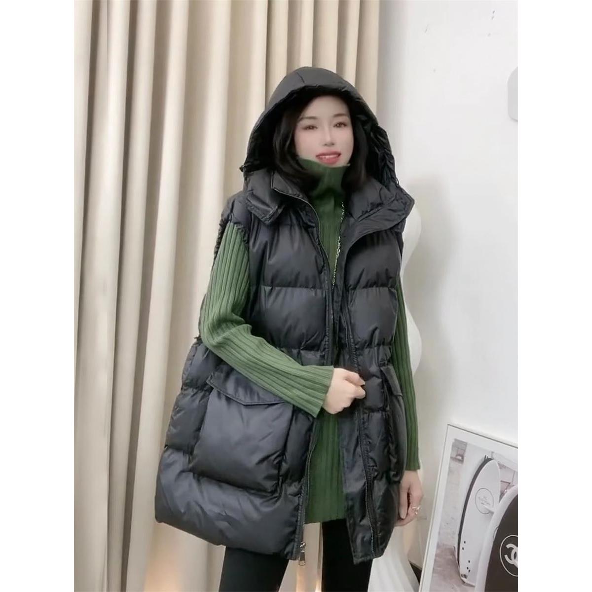 潮牌羽绒棉马甲女2025秋冬季韩版宽松外穿中长款坎肩连帽马夹外套