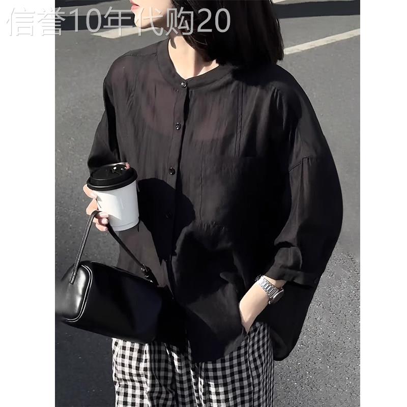 黑色天丝衬衫女夏季薄款2026新款法式轻熟宽松显瘦防晒七分袖上衣