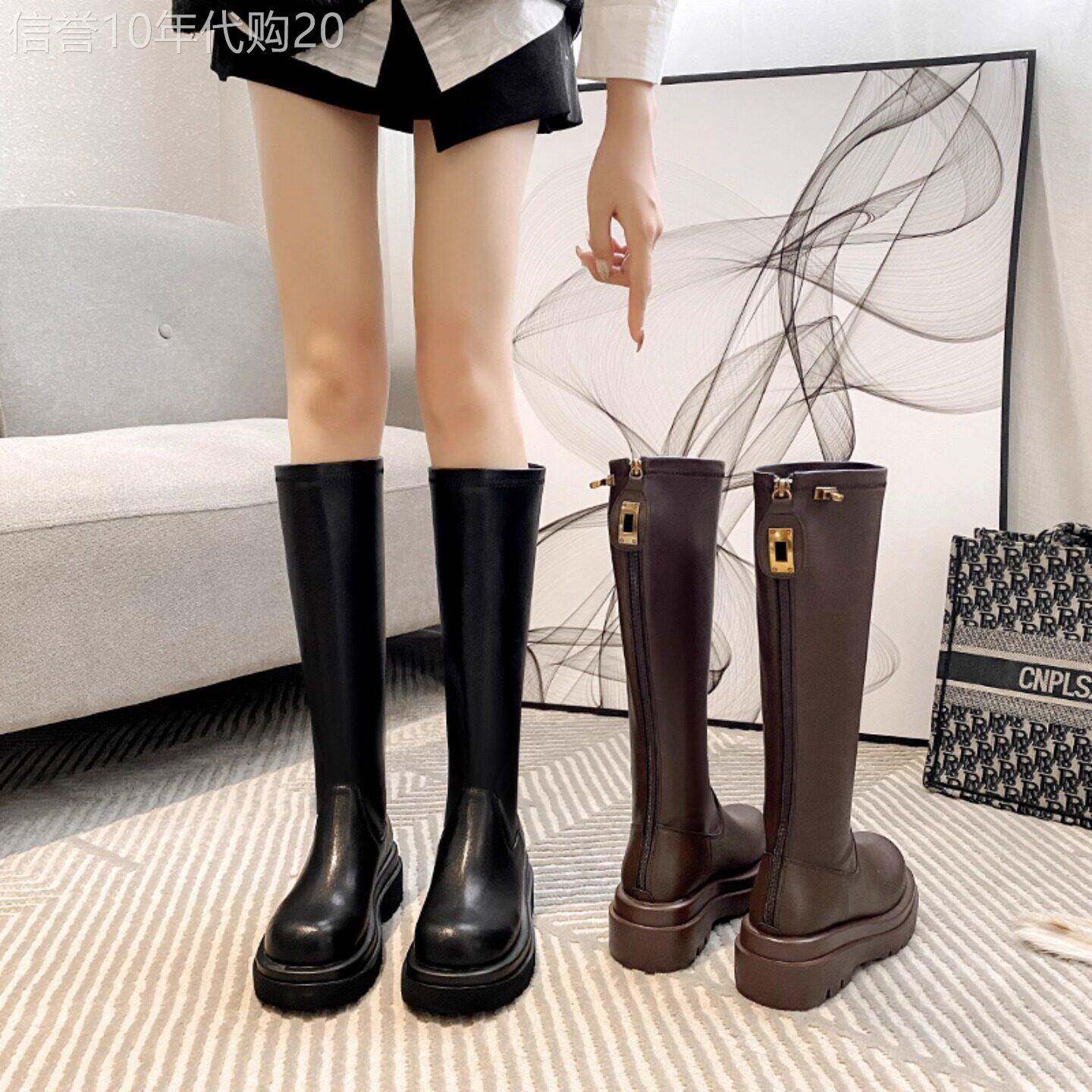 真皮棕色厚底长筒靴女2025冬季新款加绒骑士高筒不过显瘦机车靴子