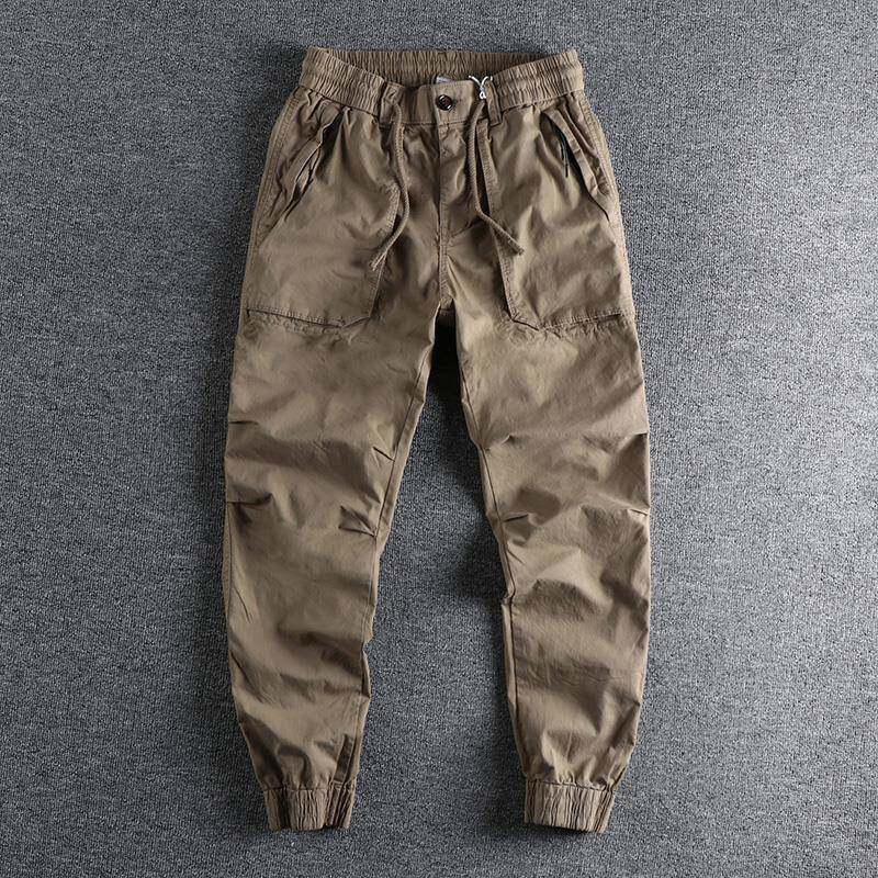 代购香港潮牌舒适拉链口袋宽松束脚裤水洗做旧工装纯色男士休闲裤