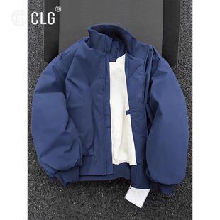 香港CLG潮牌藏青色羽绒服男冬季加厚美式飞行员棉服短款立领外套