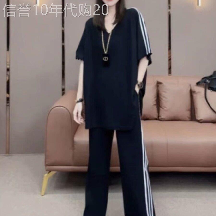 夏季时尚洋派运动服套装女2026新款大尺码胖mm宽松长裤休闲两件式