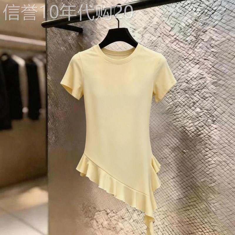 韩系黄色不规则下摆短袖T恤女2026夏季新款欧货收腰设计感上衣潮