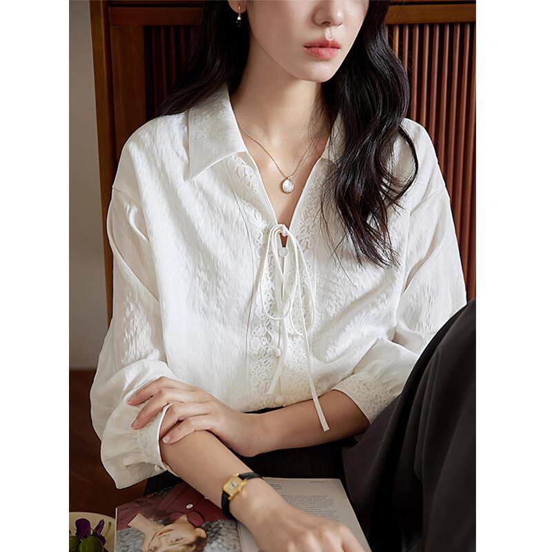 欧洲站白色翻领花边系带衬衫女2025春秋新款高级感轻奢长袖上衣潮