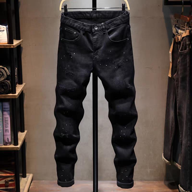 高端潮牌黑色加绒牛仔裤男秋冬新款破洞补丁泼墨弹力修身小脚长裤
