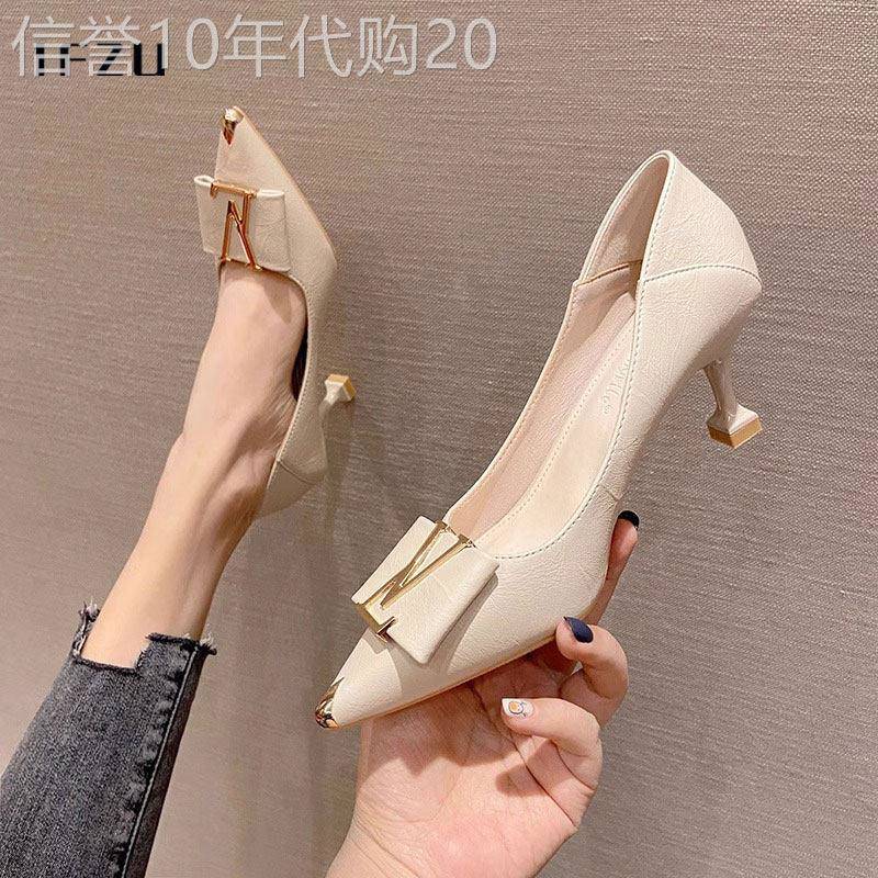 真皮法式高跟鞋女春秋2025新款百搭不磨脚软皮工作鞋尖头细跟单鞋
