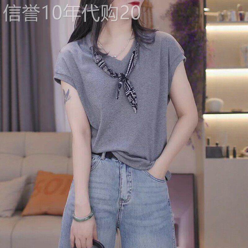 韩国丝巾V领短袖t恤女2026夏季新款大码胖mm正肩体恤宽松显瘦上衣