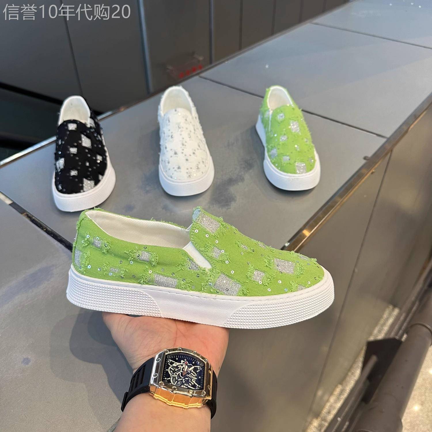 Zongcaileader轻奢潮牌一脚蹬帆布破洞百搭透气休闲牛仔布鞋男鞋
