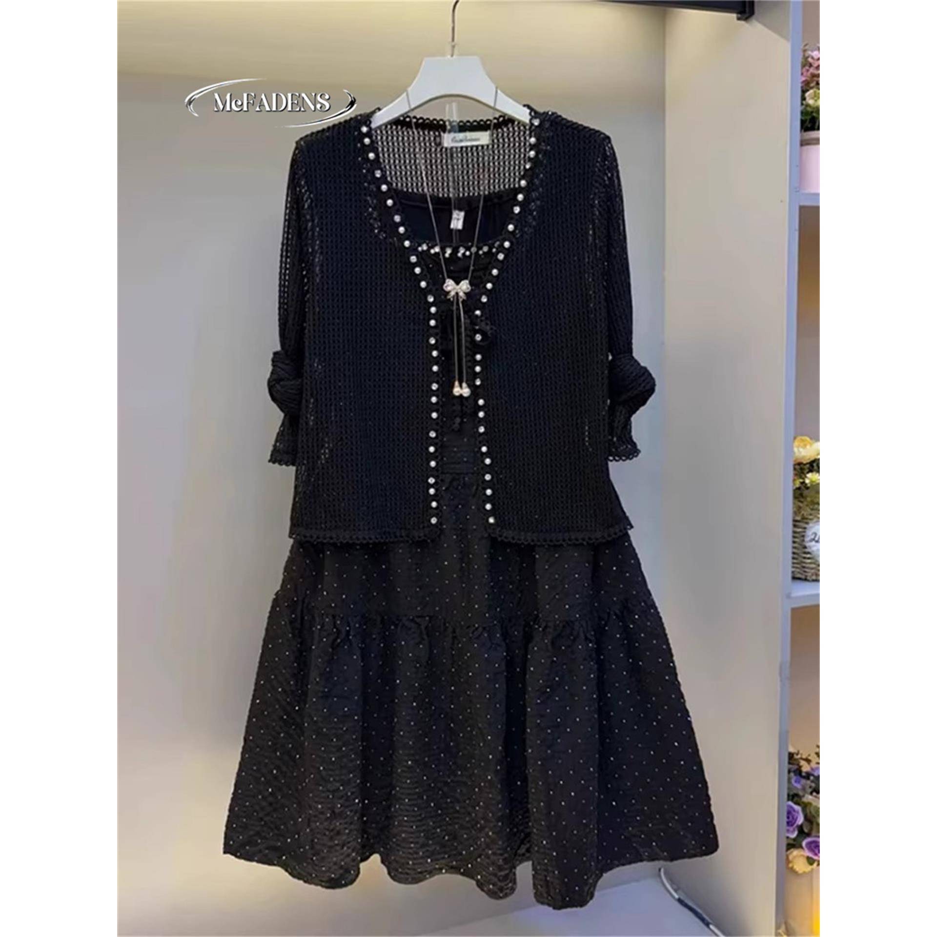 香港新款欧货钉钻星光连衣裙针织套装胖妹妹大码女装高级感两件套