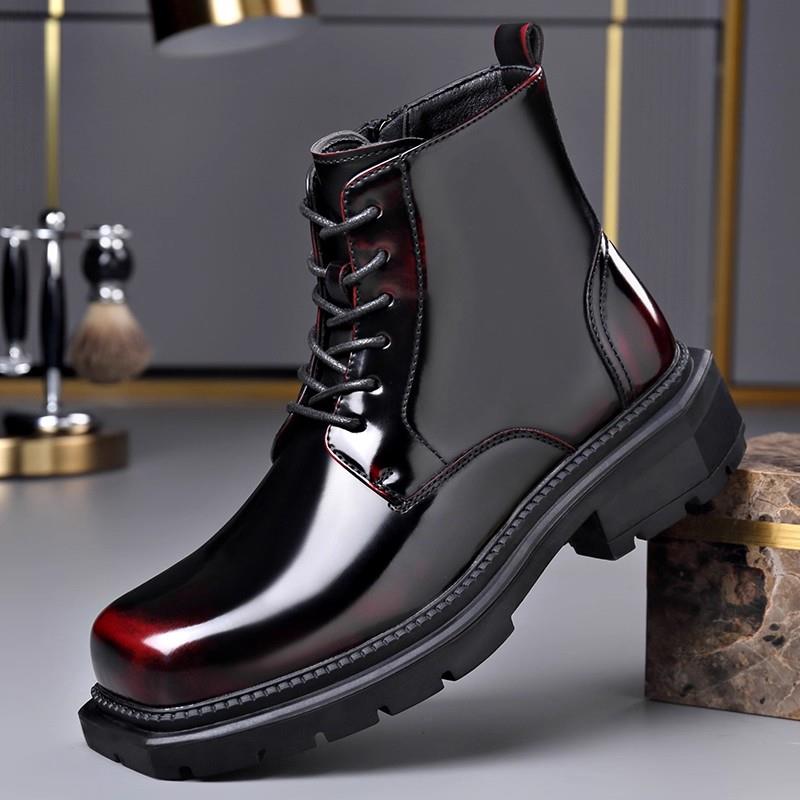 马丁靴男款漆皮方头冬季加绒中帮男靴子真皮2025新款厚底高帮皮鞋