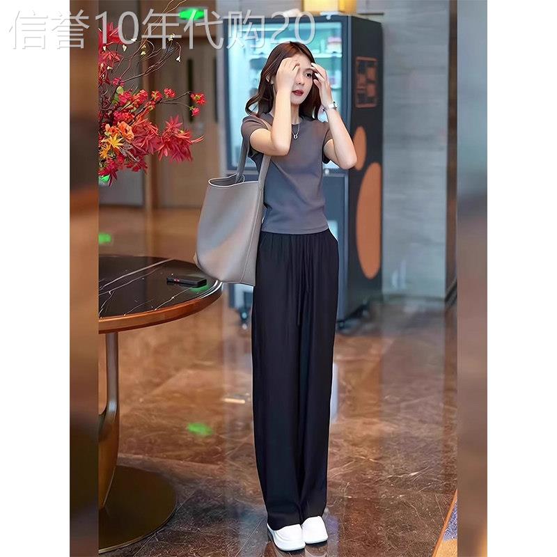 2026新款时尚休闲套装女欧货高级感冰丝T恤阔腿裤夏装搭配一整套