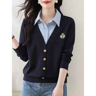 欧洲站衬衫领假两件卫衣女2025新款春秋冬高级感轻奢小个子上衣潮