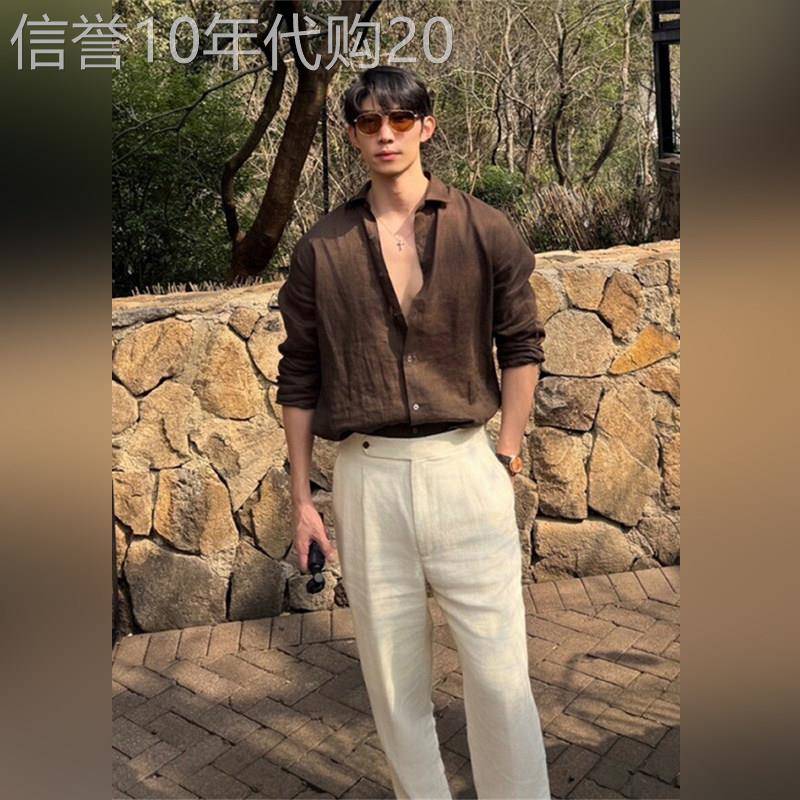 韩国WEN NIAN老钱风长袖亚麻衬衫男款2026春夏季超薄衬衫防晒外套